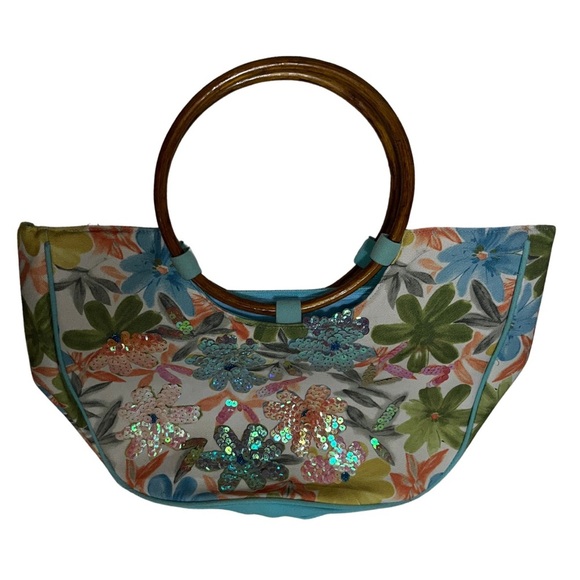 Handbags - Vintage Style Floral Canvas Bag w/ Bamboo Look Ring Handles Summer Beach Bag